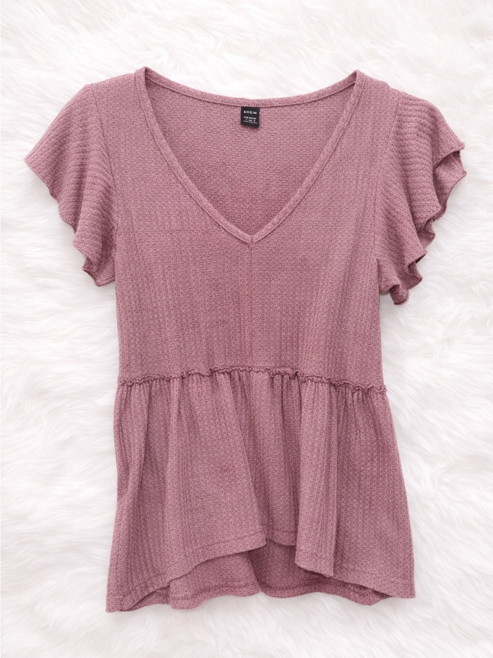 SHEIN Dusty Rose Waffle Knit Babydoll Top | Flutter Sleeve Peplum V-Neck Boho